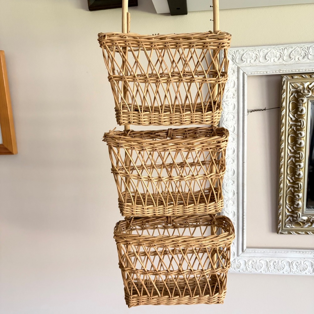 Vintage Woven Wicker 3 Tier Hanging Wall Basket Rattan Boho Mail Organizer Decor